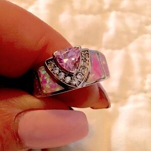 PINK ICE PINK TRILLION CUT PINK OPAL SILVER RING WITH ROUND CZ’S EUC 9